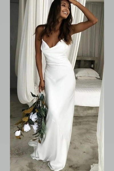 Shop 2021 Satin Cowl Neckline Straps White Simple Wedding Dress Under 