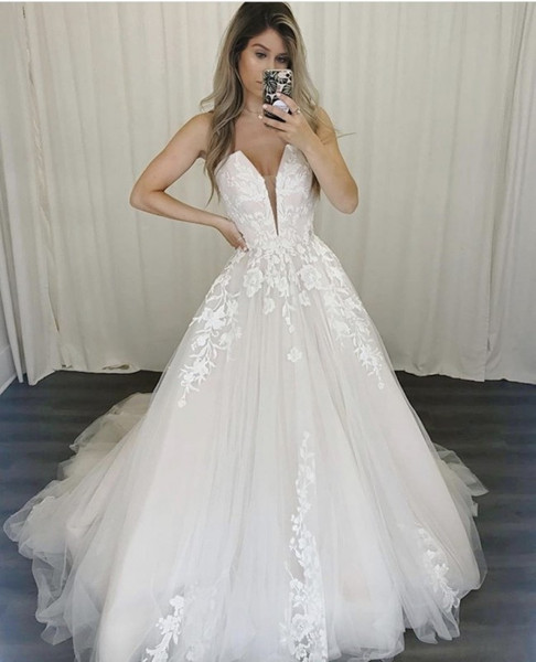 Shop 2021 Spaghetti Strap Tulle Appliques A Line Sweep Train Wedding Dress Under 218