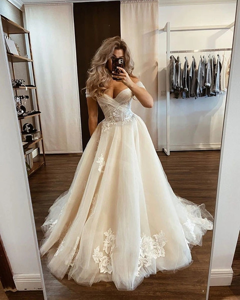 Shop 2021 Off The Shoulder Tulle Appliques A Line Wedding Dress From Annakoo