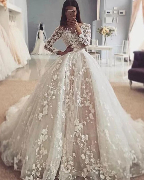 Shop 2021 Long Sleeve Scoop Ball Gown Appliques Tulle Bridal Wedding Dress Under 288