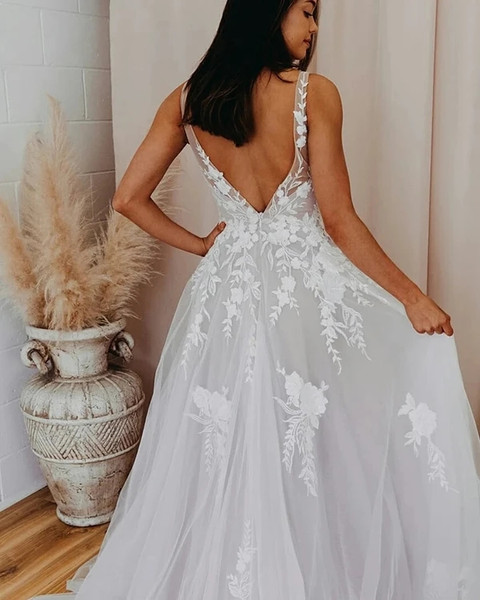 Shop 2021 V Neck Appliques A Line Tulle Romantic Wedding Dress Under 188