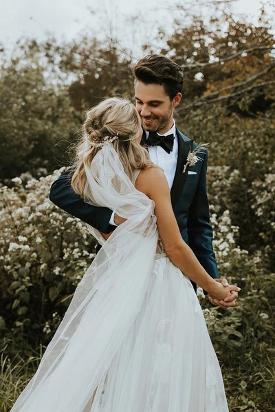 V Neck A line Tulle Appliques See Through Sexy Long Wedding Dress
