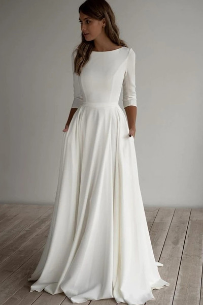 Shop 2021 Winter Long Sleeves Scoop Satin A Line Simple Wedding Dress Under 169