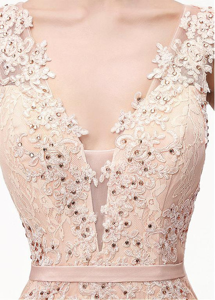 Lace V-neck Neckline Champagne Mermaid Evening Dress With Belt