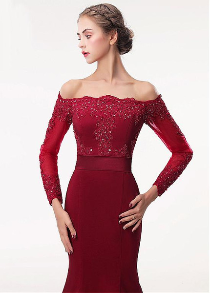 Satin Off-the-shoulder Burgundy Mermaid Evening Dress With Belt 