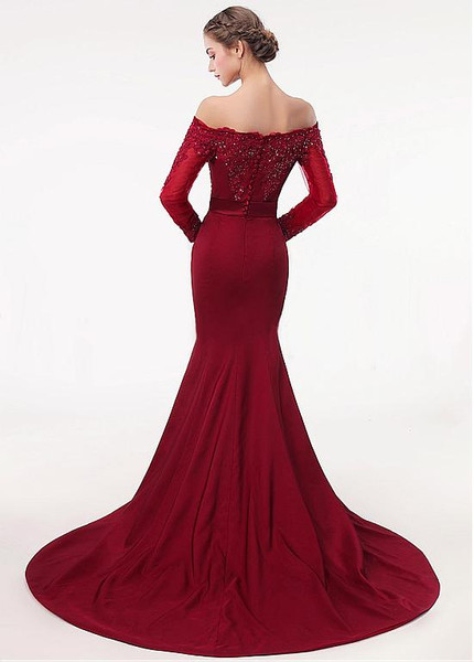 Satin Off-the-shoulder Burgundy Mermaid Evening Dress With Belt 