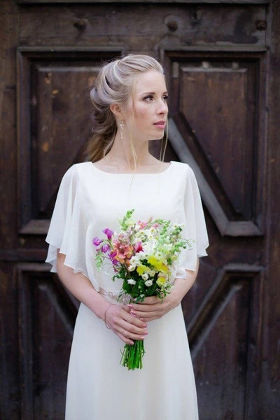 Shop 2021 Square Neck Chiffon A Line Cap Sleeve Beach Wedding Dress Under 168