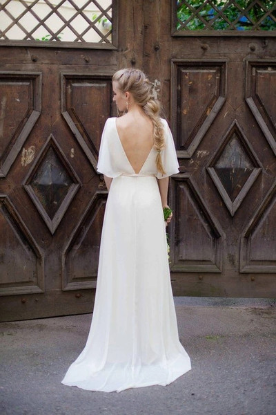 Square Neck Chiffon A Line Cap Sleeve Beach Wedding Dress