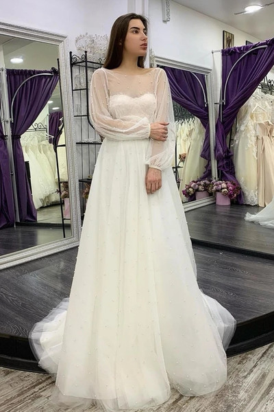 Shop 2021 Long Sleeve Two Piece Pearls A Line Tulle Wedding Dress Under 248