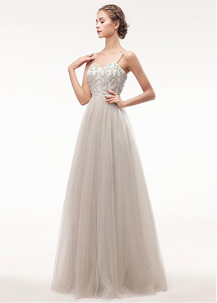 Tulle Spaghetti Straps Beading Grey  A-line Prom Dress