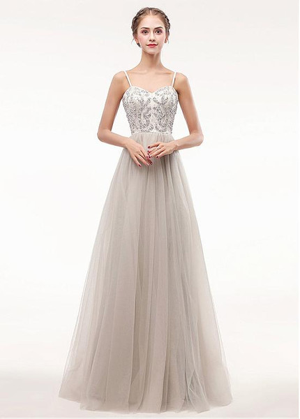 Tulle Spaghetti Straps Beading Grey  A-line Prom Dress