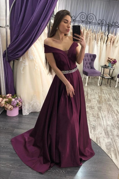 Shop 2021 Off The Shoulder Satin Beading Crystal Purple Long Prom Dress Under 149