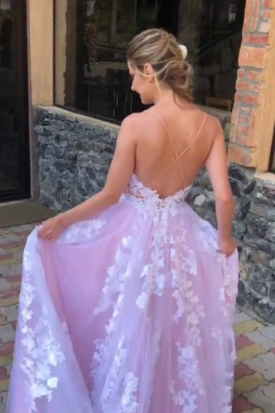 Pink V Neck Tulle Sweep Train Backless Appliques Wedding Dress