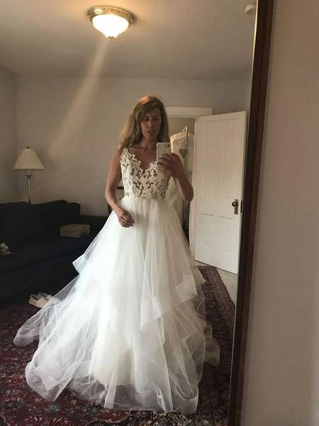 Shop 2021 V-neckline Lace Ruffles Appliques Tulle A Line Wedding Dress Under 188