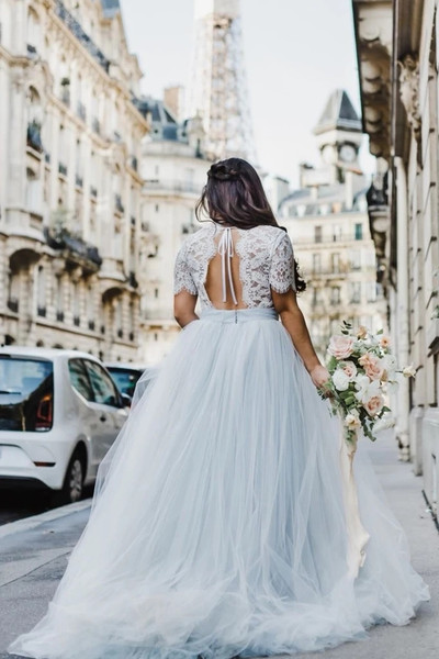 Shop 2021 Short Sleeve Lace Top Backless Tulle Appliques A Line Wedding Dress Under 198