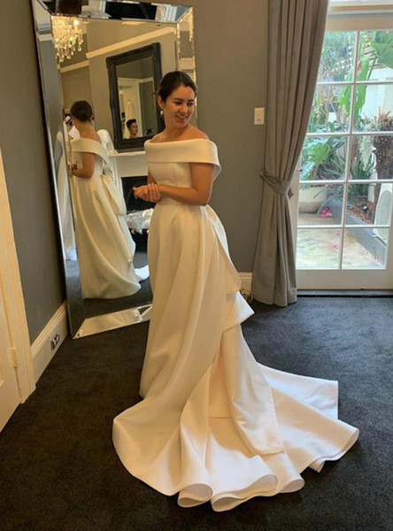 Shop 2021 Off The Shoulder Satin Ruffles Train A Line Wedding Dress Under 149