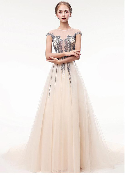 Tulle Jewel Neckline See Through Beadings Prom Dress