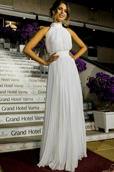 Buy Annakoo High Neck Chiffon Pleats A Line Sleeveless Wedding Dress Under 139