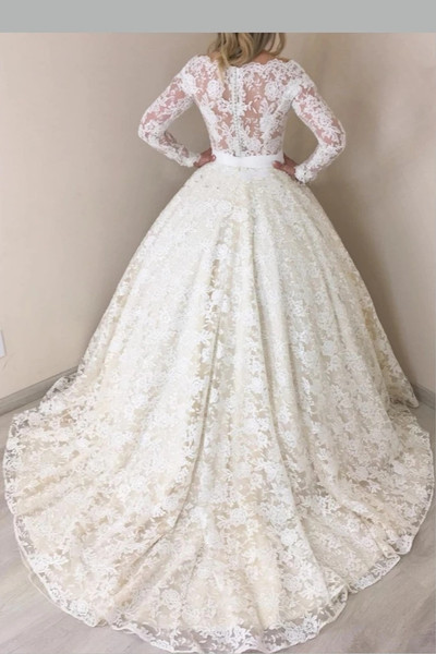 Get A Line Long Sleeve Lace V Neck Sheer Back Wedding Dress Under 288
