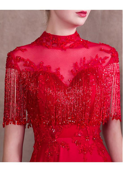 Red Satin Illusion High Long Evening Dress With Beadings