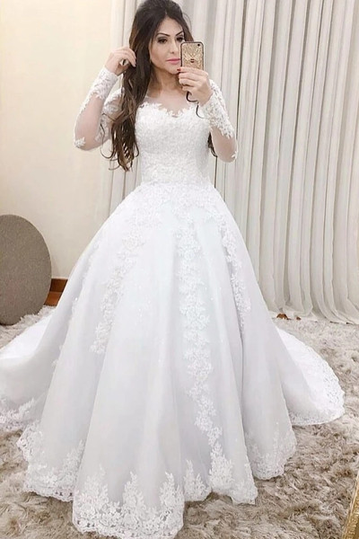 Shop 2021  Long Sleeve Scoop See Through Appliques A Line Tulle Wedding Dress Under 289
