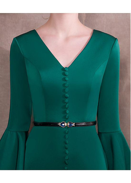 Green Satin V-neck  Hi-lo Mermaid Formal Dress With Belt