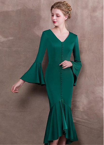 Green Satin V-neck  Hi-lo Mermaid Formal Dress With Belt