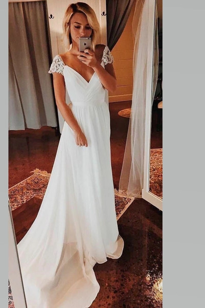 Shop 2021 Cap Sleeve V Neck Chiffon Sweep Train Beach Wedding Dress Under 139