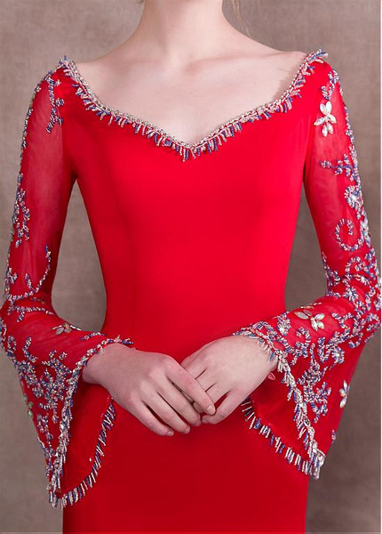 Satin V-neck Red Long Sleeve Mermaid Evening Dress With Beadings