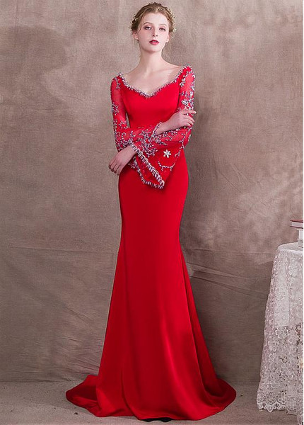Satin V-neck Red Long Sleeve Mermaid Evening Dress With Beadings