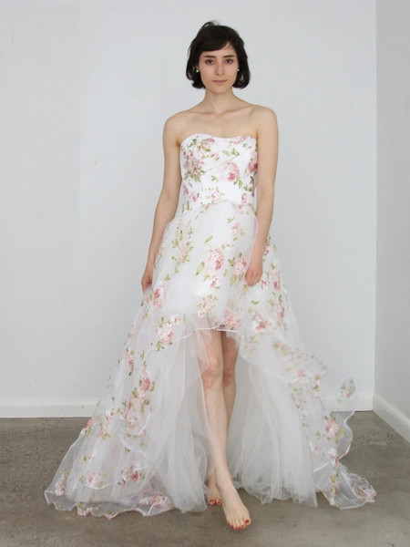 Shop 2021 High Low Tulle White Floral Strapless Embroidery Prom Dress Under 139