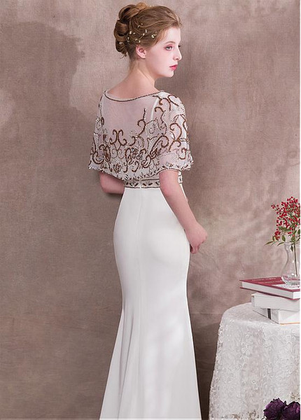  Spaghetti Straps White Mermaid Evening Dress With Beadings & Detachable Jacket