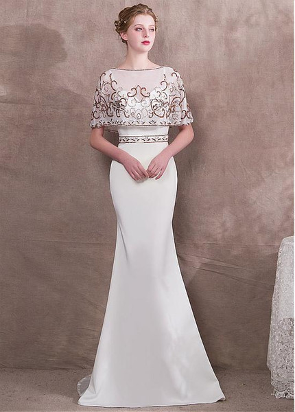  Spaghetti Straps White Mermaid Evening Dress With Beadings & Detachable Jacket