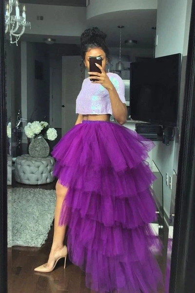 Shop 2021 Purple Two Piece Sequin Silver High Low Ruffles Prom Dress Under 168