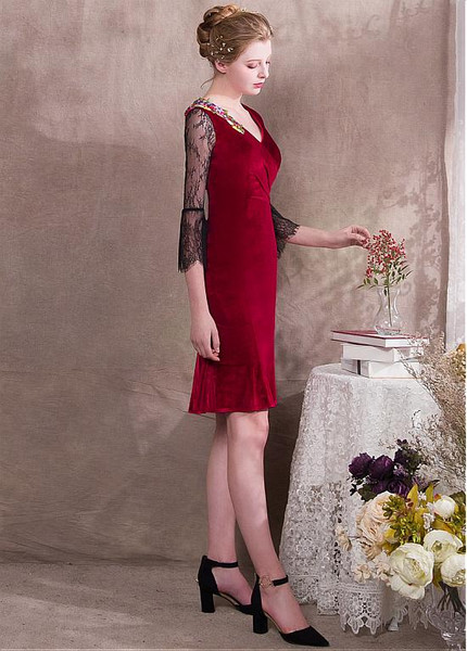 V-neck Pleuche & Lace Short A-line Prom Dress