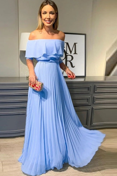 Shop 2021 Off The Shoulder Chiffon Blue Pleats A Line Prom Dress Under 99