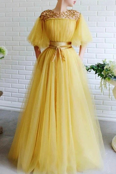 Buy 2021 Yellow Tulle Cap Sleeves Scoop Beading A Line Prom Dress With Belt Under 168