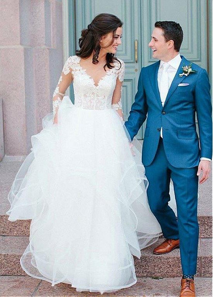 Tulle Long Sleeve Ball Gown Wedding Dress With Lace Appliques