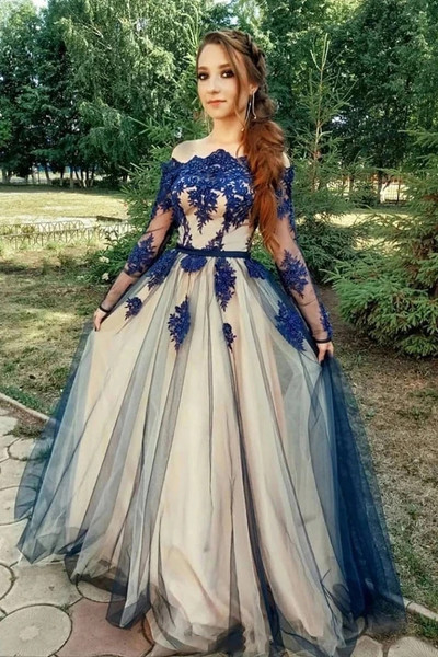 Shop 2021 Off The Shoulder Long Sleeve Tulle Appliques Blue Champagne Prom Dress Under 148