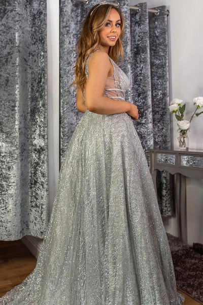 Shop 2021 Silver V Neck Sequin Tulle A Line Sparkle Prom Dress Under 146