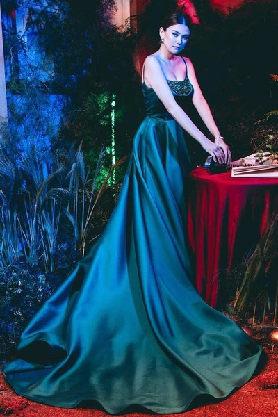 Shop 2021 Spaghetti Straps Dark Green Satin Beading Sweep Train Prom Dress Under 145