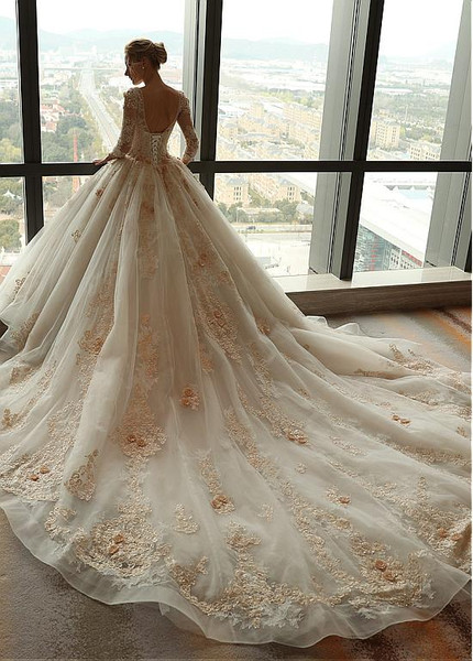 Scoop 3D Flowers Ball Gown Wedding Dress With Lace Appliques