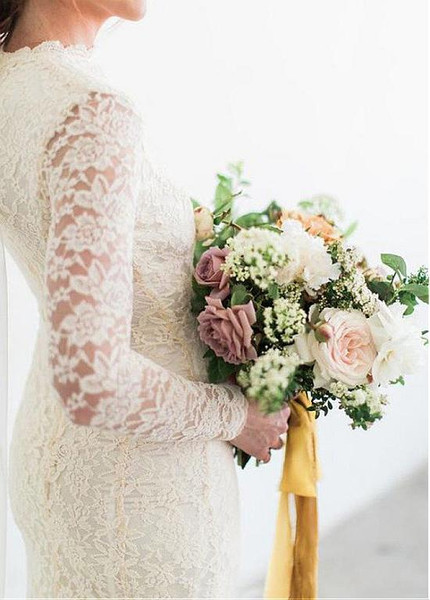 Delicate Lace High Collar Long Sleeve Mermaid Wedding Dress