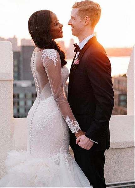 Beading Tulle Bateau Mermaid Wedding Dress With Lace Appliques 