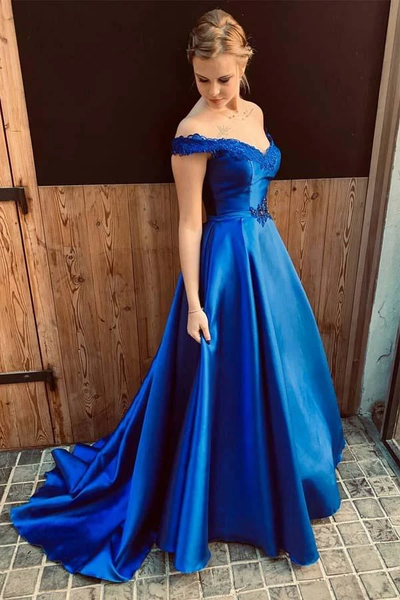 Shop 2021 Off The Shoulder Satin Royal Blue Sweep Train Appliques Beading Prom Dress Under 168