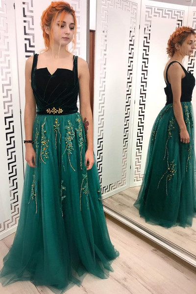 Shop 2021 Dark Green Tulle Sparkle Beading Spaghetti Straps A Line Prom Dress Under 159