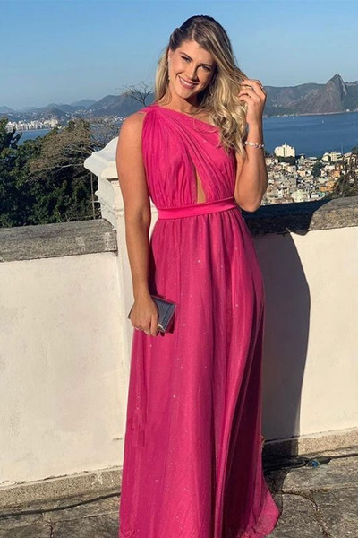 Shop 2021 One Shoulder Tulle Sparkle Pleats Fuchsia A Line Prom Dress Under 125