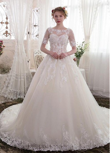 lace tulle a line wedding dress