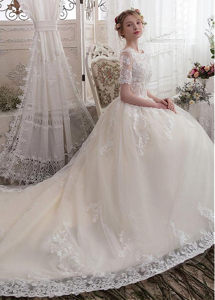 Tulle Bateau 3D Flowers A-line Wedding Dress With Lace Appliques