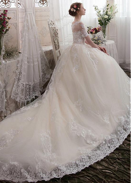 Tulle Bateau 3D Flowers A-line Wedding Dress With Lace Appliques